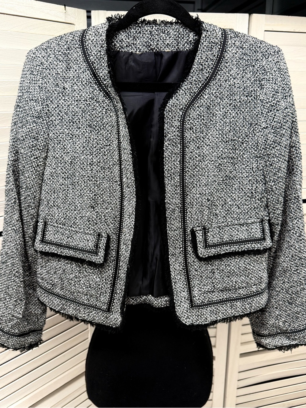 Classic Black & White Tweed Cropped Jacket - Women's